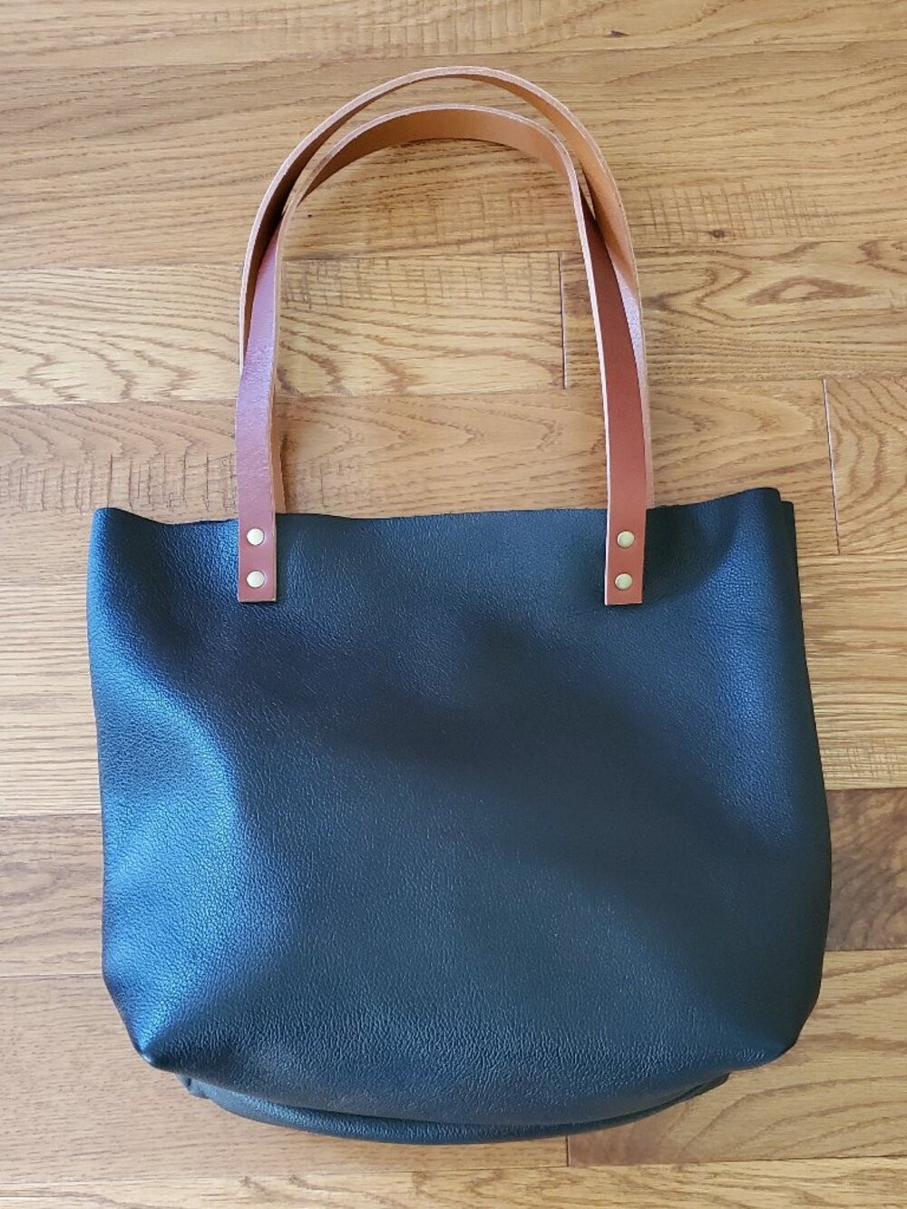 BNNU Portland Leather Goods Pebbled Black Tote with Tan Handles